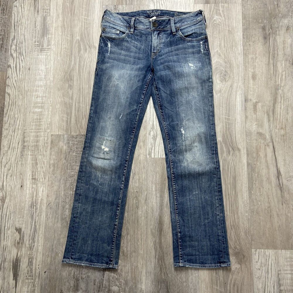 Silver Jeans Womens 28x30 (Fits 30x29) Blue Straight Leg Denim Sam Distressed